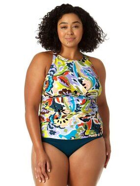 Anne Cole 24W Plus Size Paisley Tankini Top Open Back High Neck Swimwear NWT